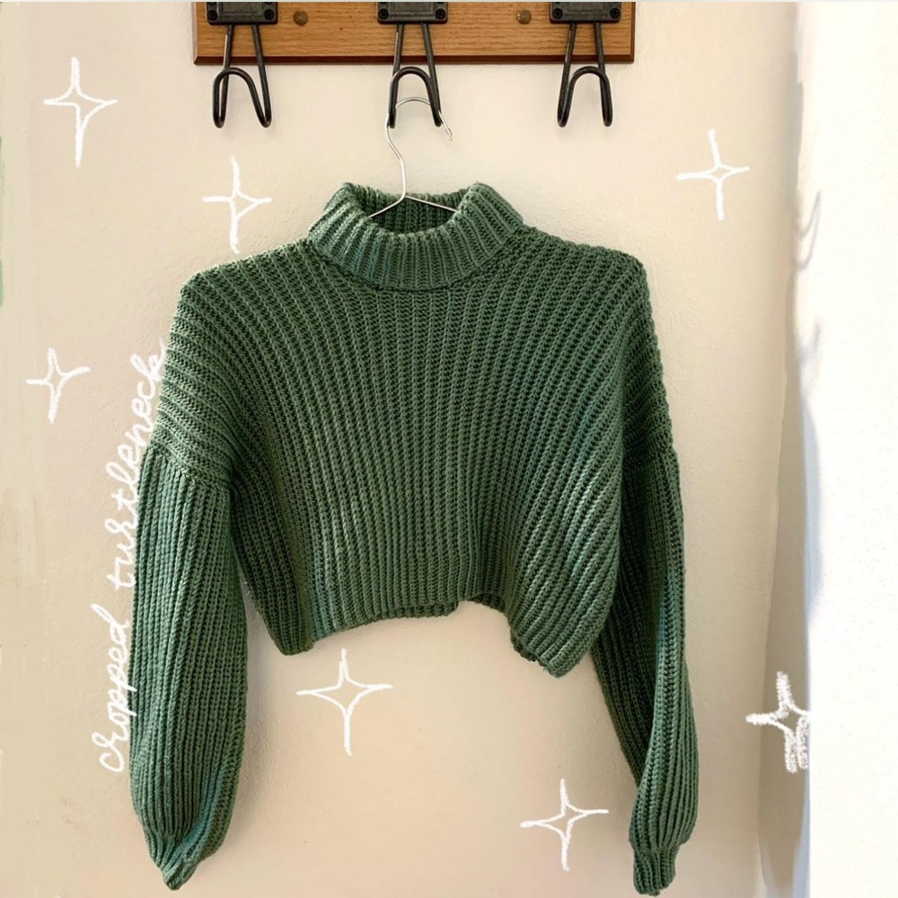 handmade crochet green cropped turtleneck sweater